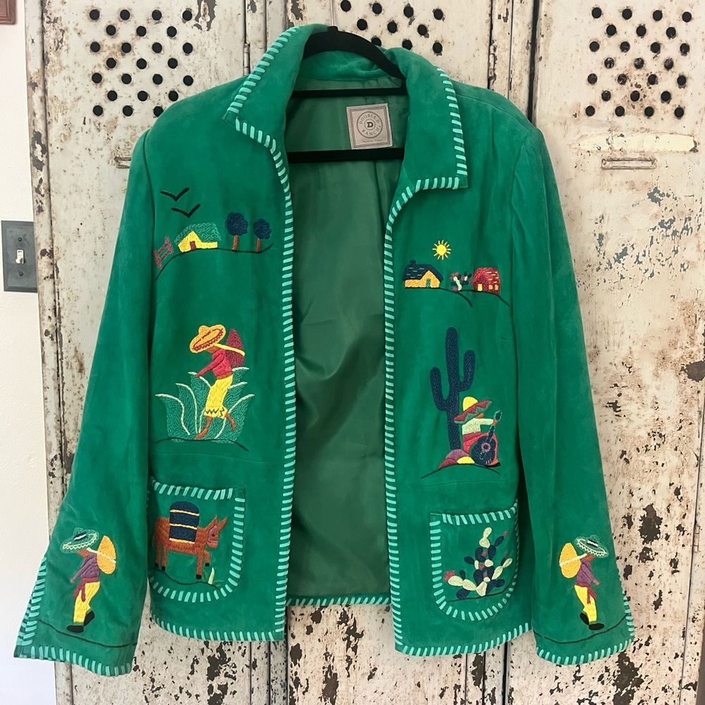Double D Ranch Green Leather Jacket with Colorful Embroidery